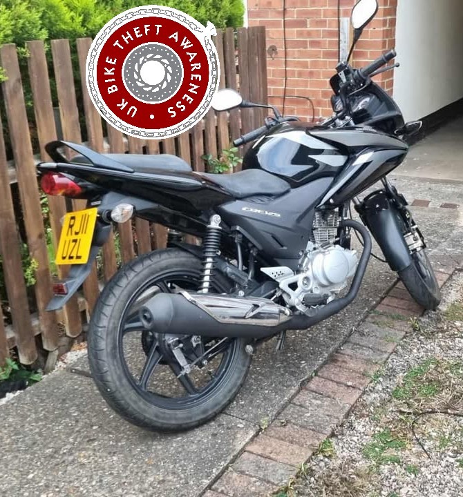 Image of stolen Honda CBF125 taken from Warwick, UK.